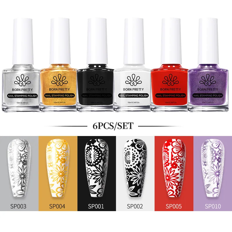 BORN PRETTY 10ml Stamping Nail Polish Set Gold Silver Black White Color Nail Printing Polish DIY for Nail Plate Design Varnish