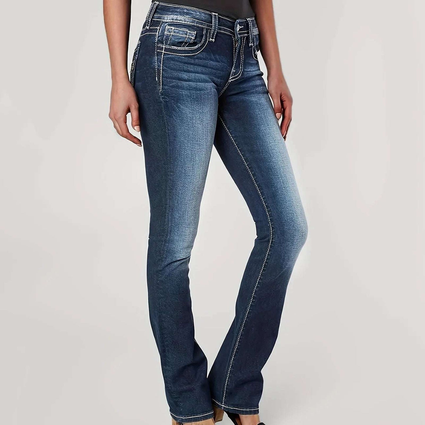 Womens Jeans Mid Waisted Straight Leg Long Pants Stretch Juniors Jeans Washed Back Pocket Embroidered Slim Fit Jeans For Women
