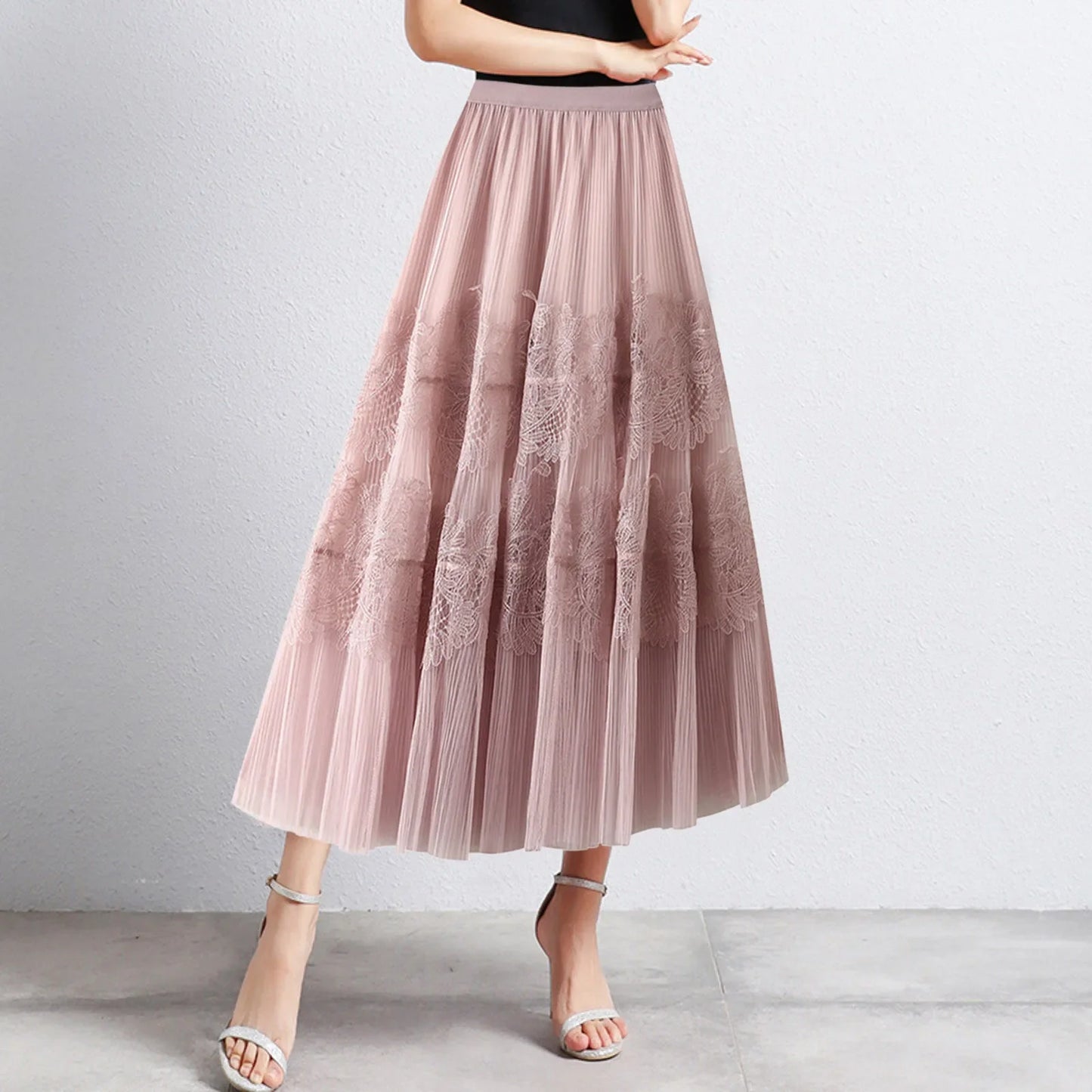 Women Mid Length Skirts Dance Party A Line High Waisted Lace Tulle Skirt Pleated Mesh Half Skirts Holiday Party Costumes