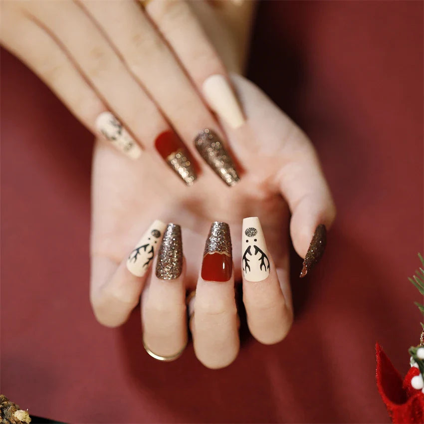 24Pcs/Set American Almond Christmas Wearing False Nails Full Coverage Press on Nails Removable Adhesive Acrylic Fake Nails Tips