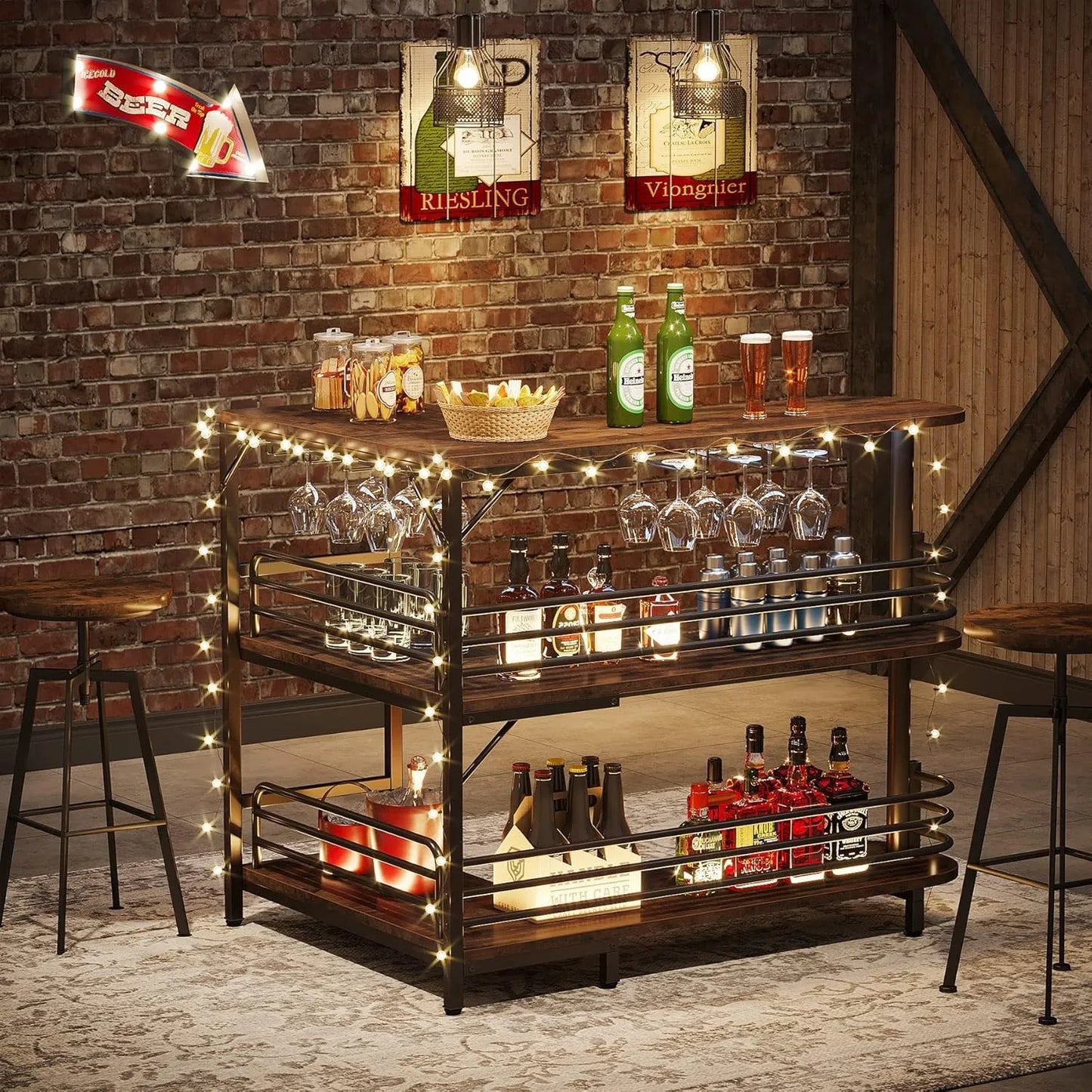 L-Shaped Home Bar Unit, 3 Tier Liquor Bar Table with Storage and Wine Glasses Holder