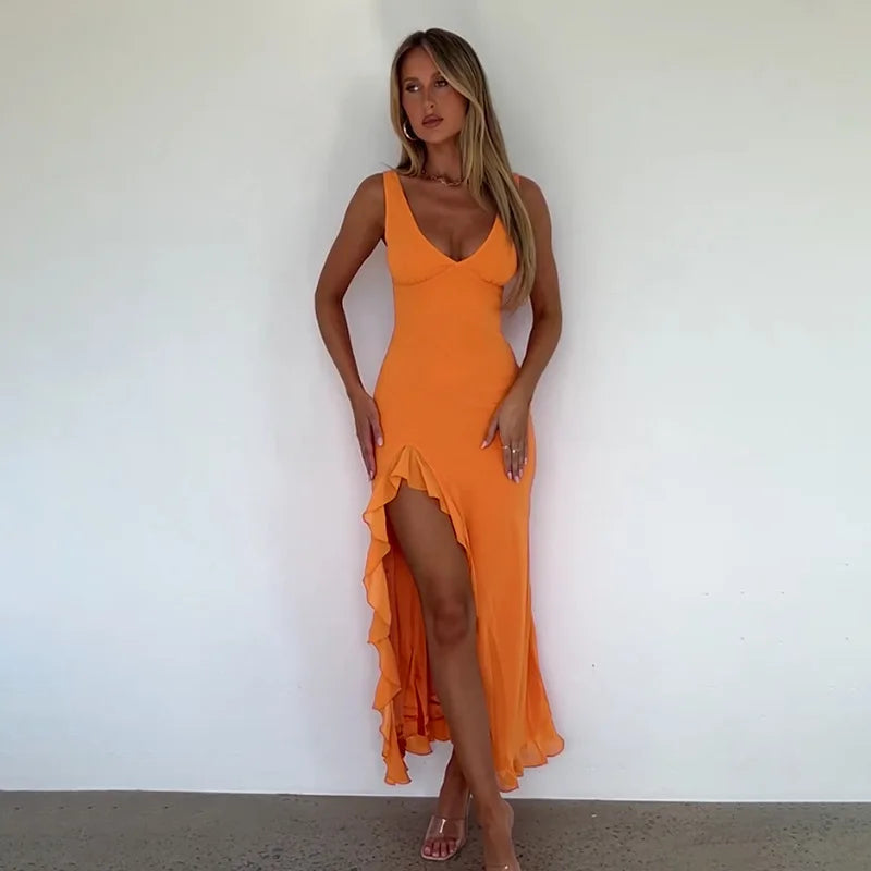 Avrilyaan Ruffle High Split Sexy Dress Women 2024 Robes Elegant Evening Summer Dress Backless Party Long Midi Dress Vestidos