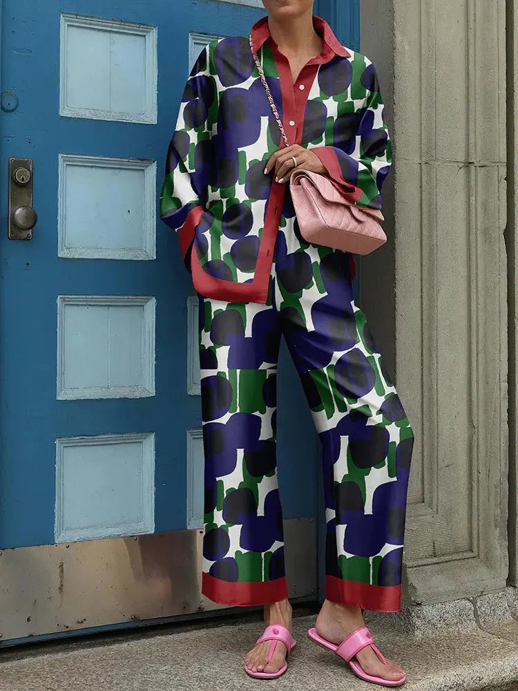 2024 Autumn New Loose Vintage Printed Pant Sets Women Long Sleeve Shirts And Wide Legs Trousers Two Piece Set Fashion Streetwear