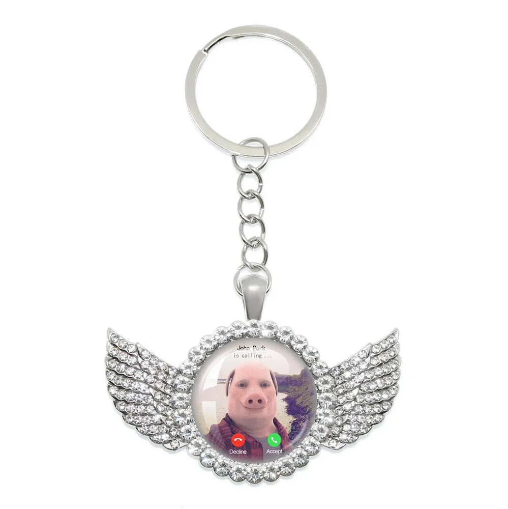 New John Pork Is Calling Answer Call Phone Humor Funny Pig Lover Graphic Meme Glass Dome Pendant Cabochon Keychain Jewelry Gifts