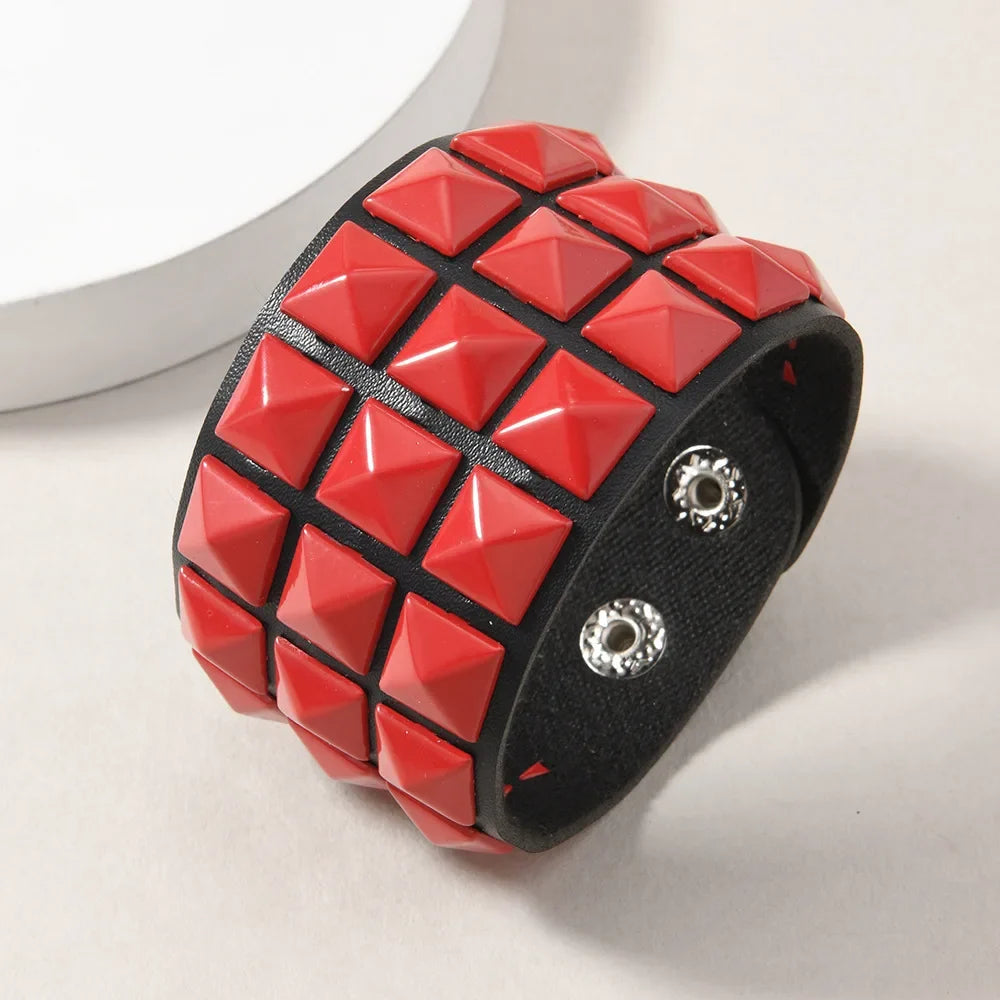 18 Color Punk Hip-Hop Three Rows of Square Rivets PU Leather Big Wide