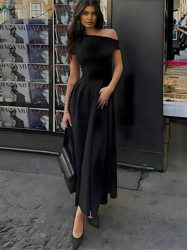 Black Off-Shoulder Autumn Long Dress For Women High Waist Patchwork Slim Sexy One-Shoulder Party Dress Female Maxi Dress