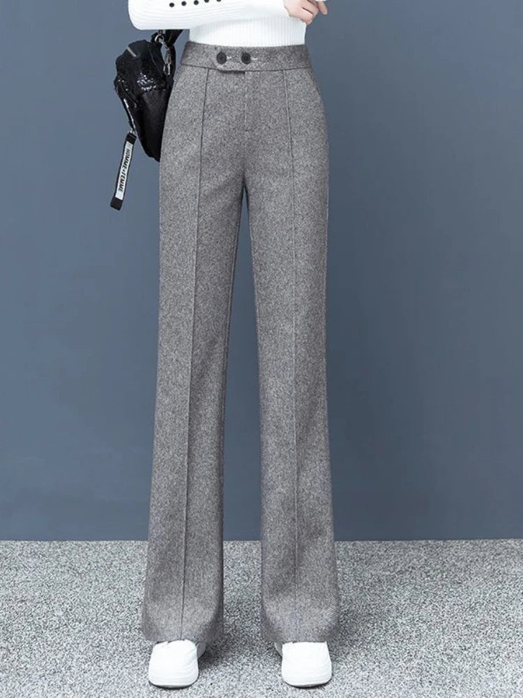 Herringbone Woolen Cloth Wide Leg Pants Women Autumn and Winter 2023 High Waist Pants Vintage Slim Elastic Waist Woman Trousers