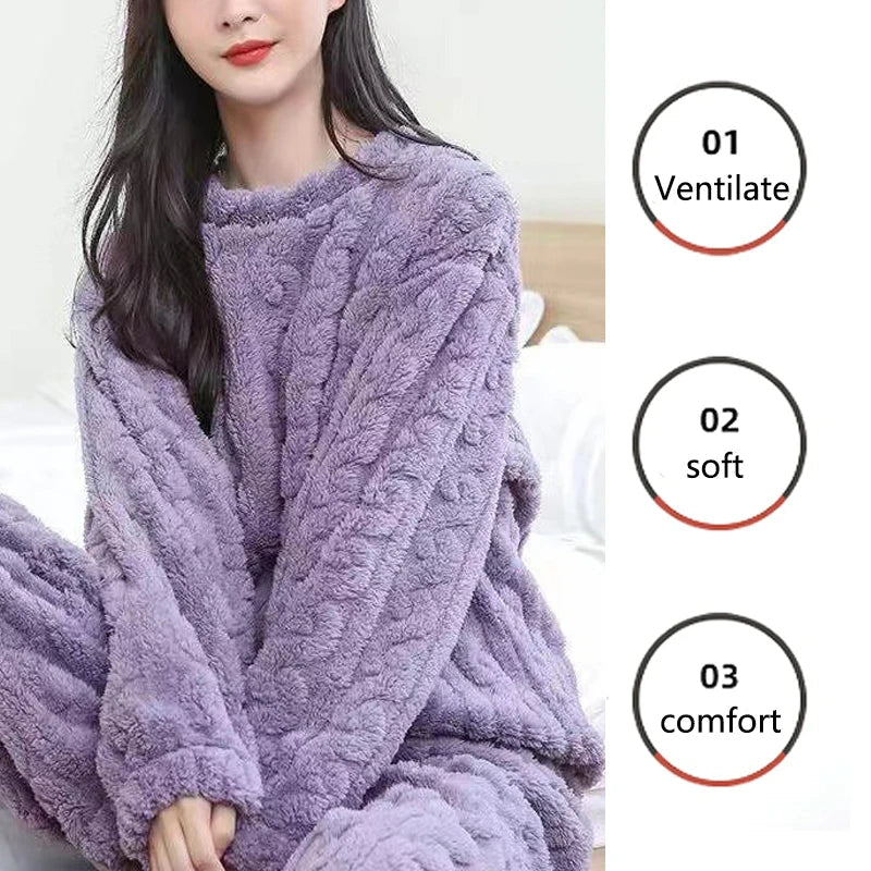 Thickened Warm Autumn and Winter Flannel Pajamas Women Long-Sleeved Loungewear