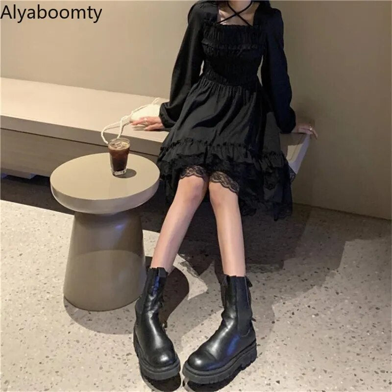 New Gothic Women Black Fairy Dress Cross Square Collar Lolita Princess Irregular Dress Cute Kawaii Lace Ruffles Chic Dress
