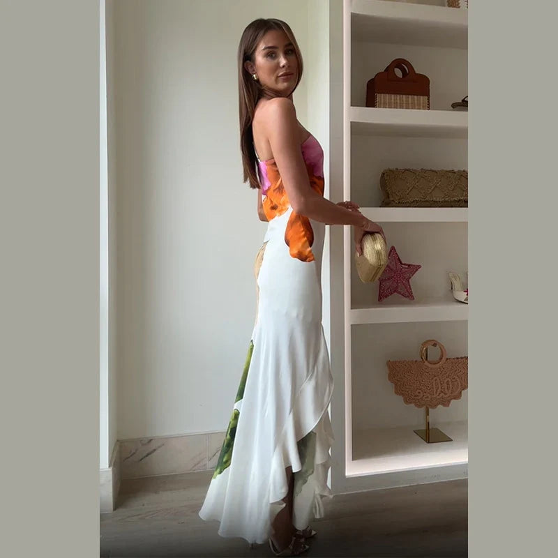 Retro Printed Strapless Long Dress Fashion Women's Sleeveless Off Shoulder Pleated Vestidos 2025 Summer Lady Beach Party Robes