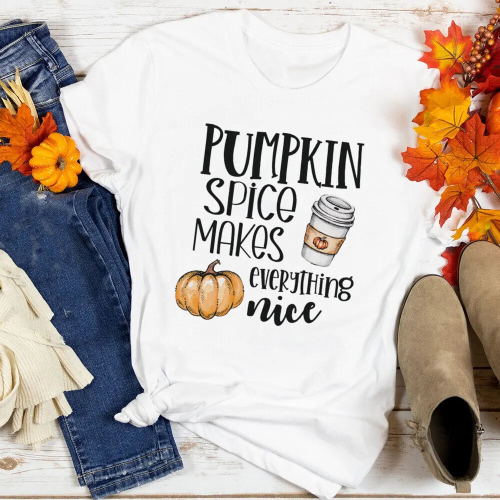 Just A Girl Who Loves Fall Shirt Thanksgiving Graphic Tee Clothes Fashion Pumpkin Spice Print T Shirt Tops Holiday Female Outfit