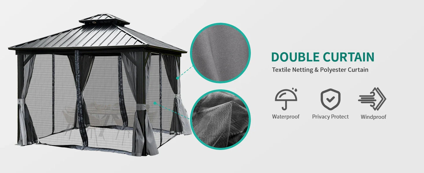 10x10ft Hardtop Gazebo, Nettings and Curtains, Heavy Duty Double Roof Galvanized Steel Outdoor Combined of Vertical Stripes Roof