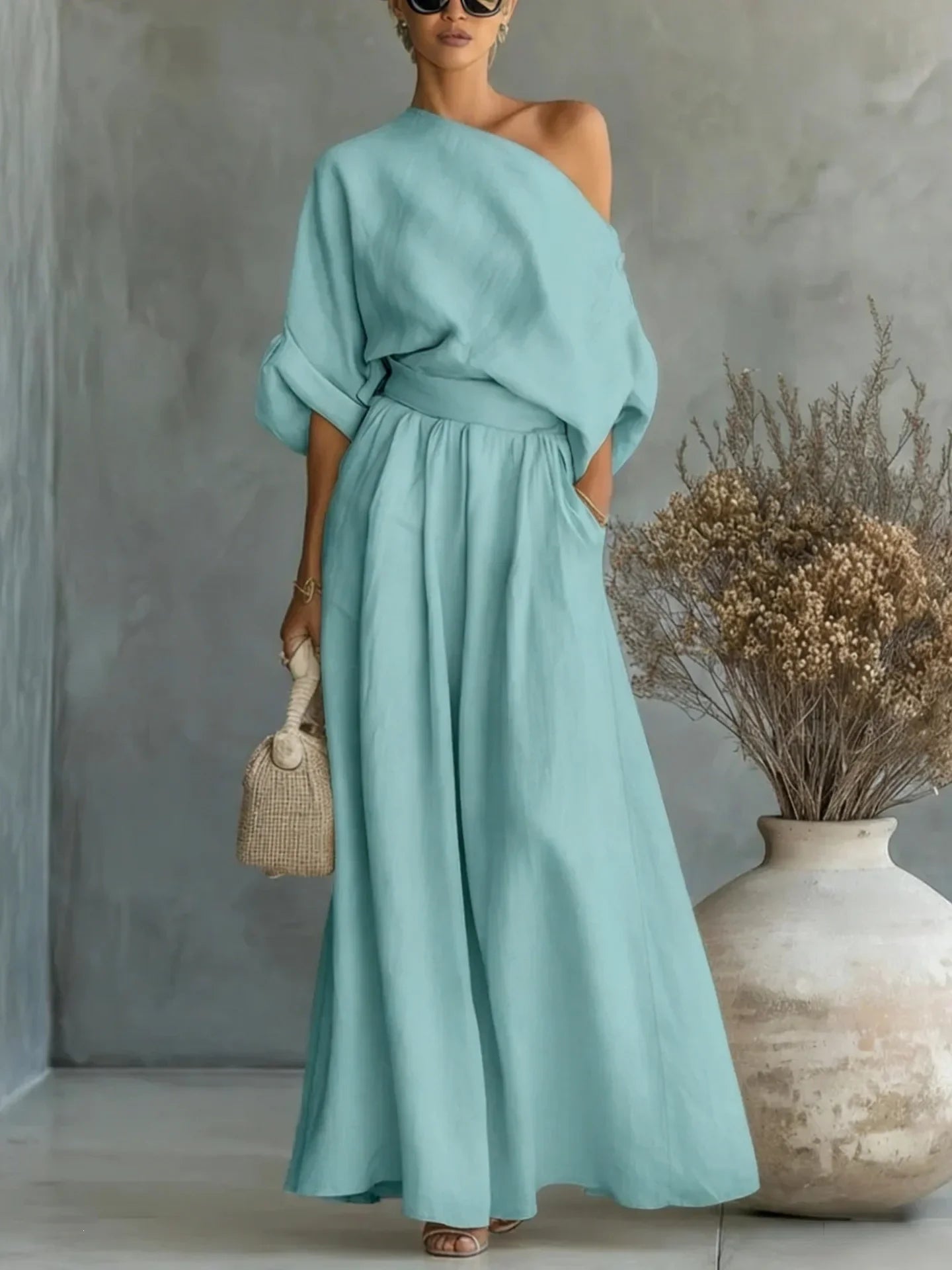 2026 Elegant Two-piece Short Sleeve Top & Casual Pants Set Woman Sexy Slash Neck Solid Suit Outfit Spring Fall Female Clothing
