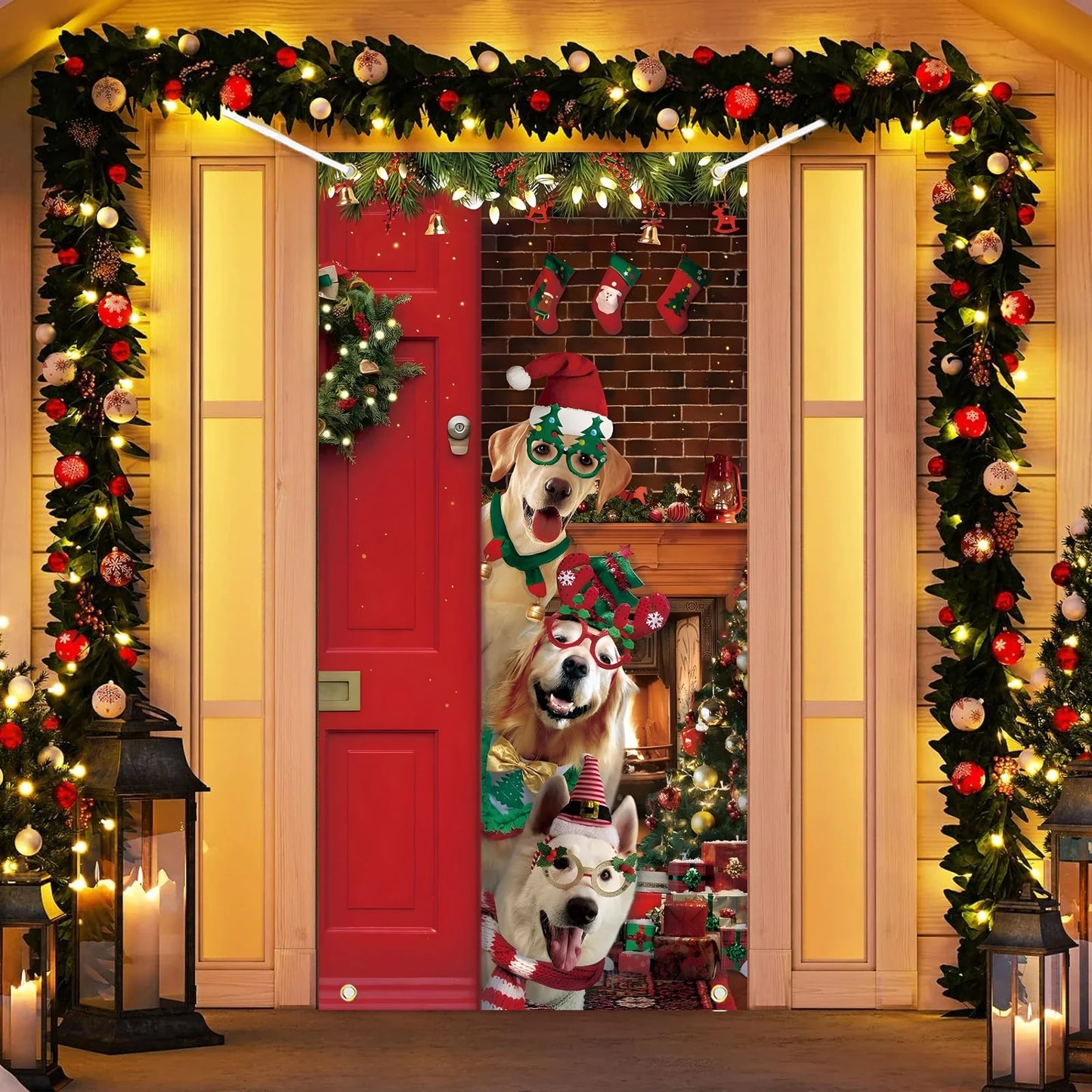 Christmas Door Cover Decoration Funny Merry Christmas Door Cover Backdrop Xmas Party Door Cover Cute Santa Dog Background Holida