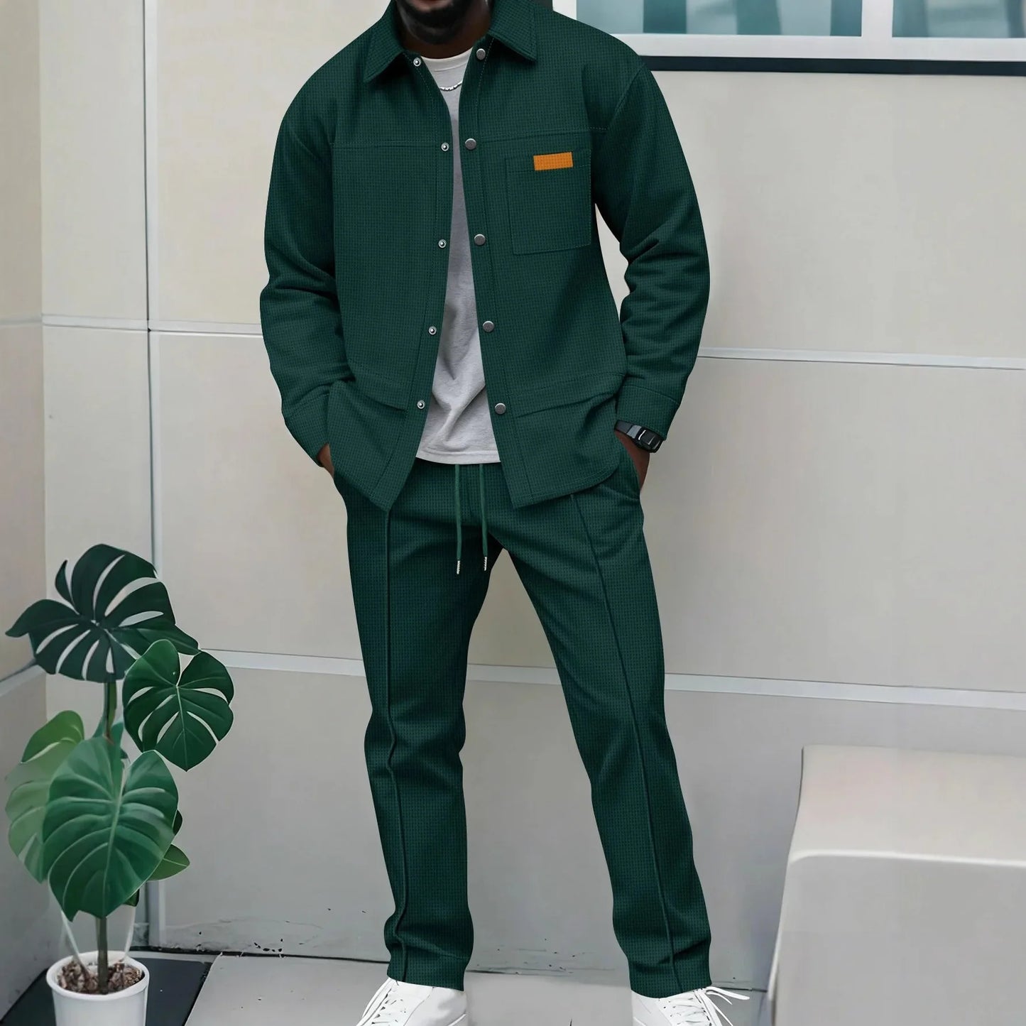 Spring and Autumn Men's High-Quality Waffle Pure Color Placket Pocket Jacket Set - A Stylish and Casual Two-Piece Outfit