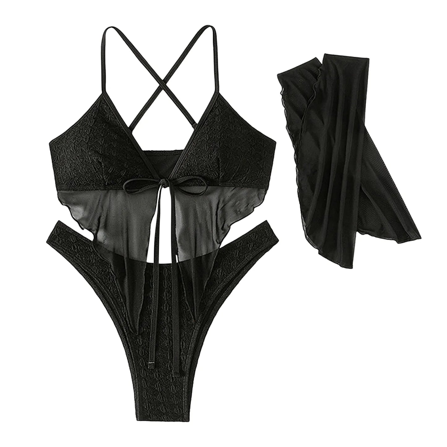 Women'S Three Piece Swimsuit Tulle See-Through Halter Adjustable Shoulder Strap Backless Bikini Paired With Sleeves Swimwears