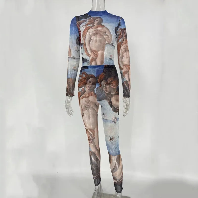 Joskaa Mesh Print Night Club Long Sleeve Bodysuit & Pants 2 Pieces Set Outfits Fashion Outwear Autumn 2020 Tracksuit Woman