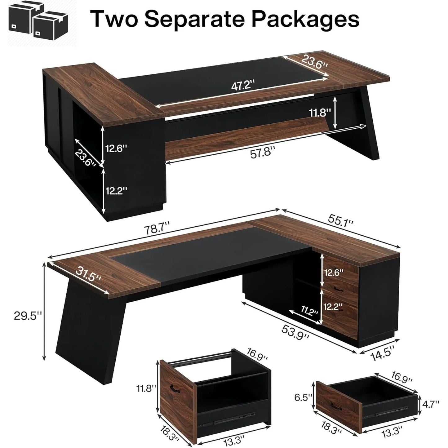 L-Shaped Executive Desk with  Drawers and Lateral File Cabinet,