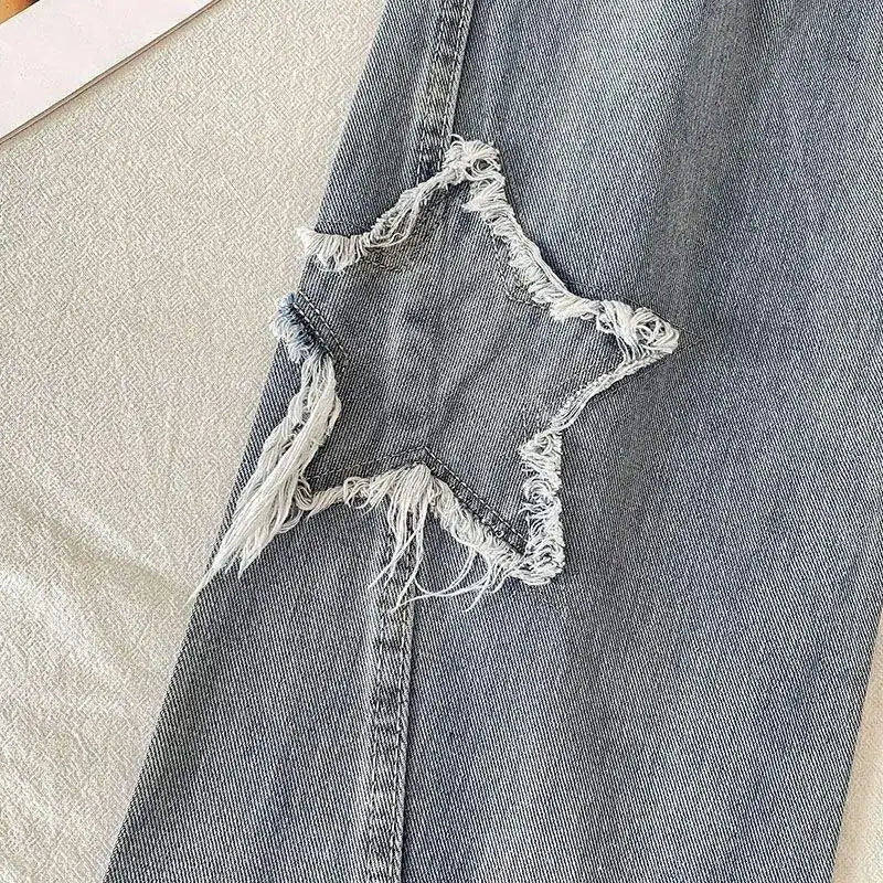 1pcs Streetwear Blue Stars Korean Fashion Denim Y2k Vintage Clothes Women Straight Leg High Waist Jeans