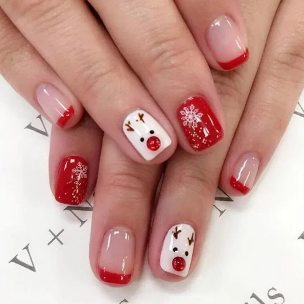 24Pcs Coffin Christmas Handmade Press on Nails Full Cover Snow Tree Design Santa Claus False Nails Wearable Manicure Nail Tips