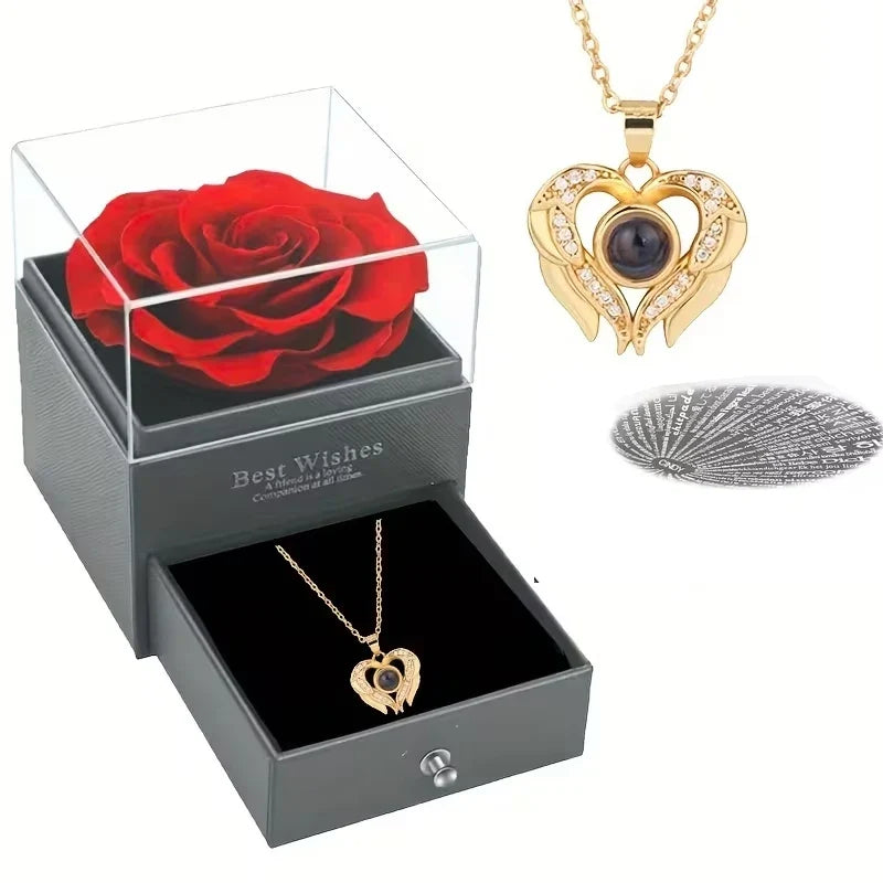 Preserved Red Rose with I Love You Necklace, for Women, Mom, Wife,Christmas Valentines Day Mothers Day Anniversary Birthday Gift
