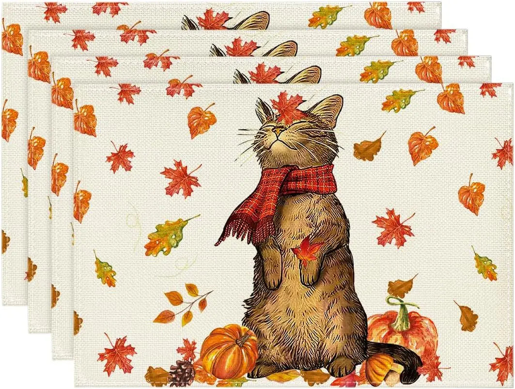 4PCS Thanksgiving Day Table Placemats 30*45cm Linen Autumn Pumpkin Maple Leaf Printed Dining Table Mat Festive Table Decoration