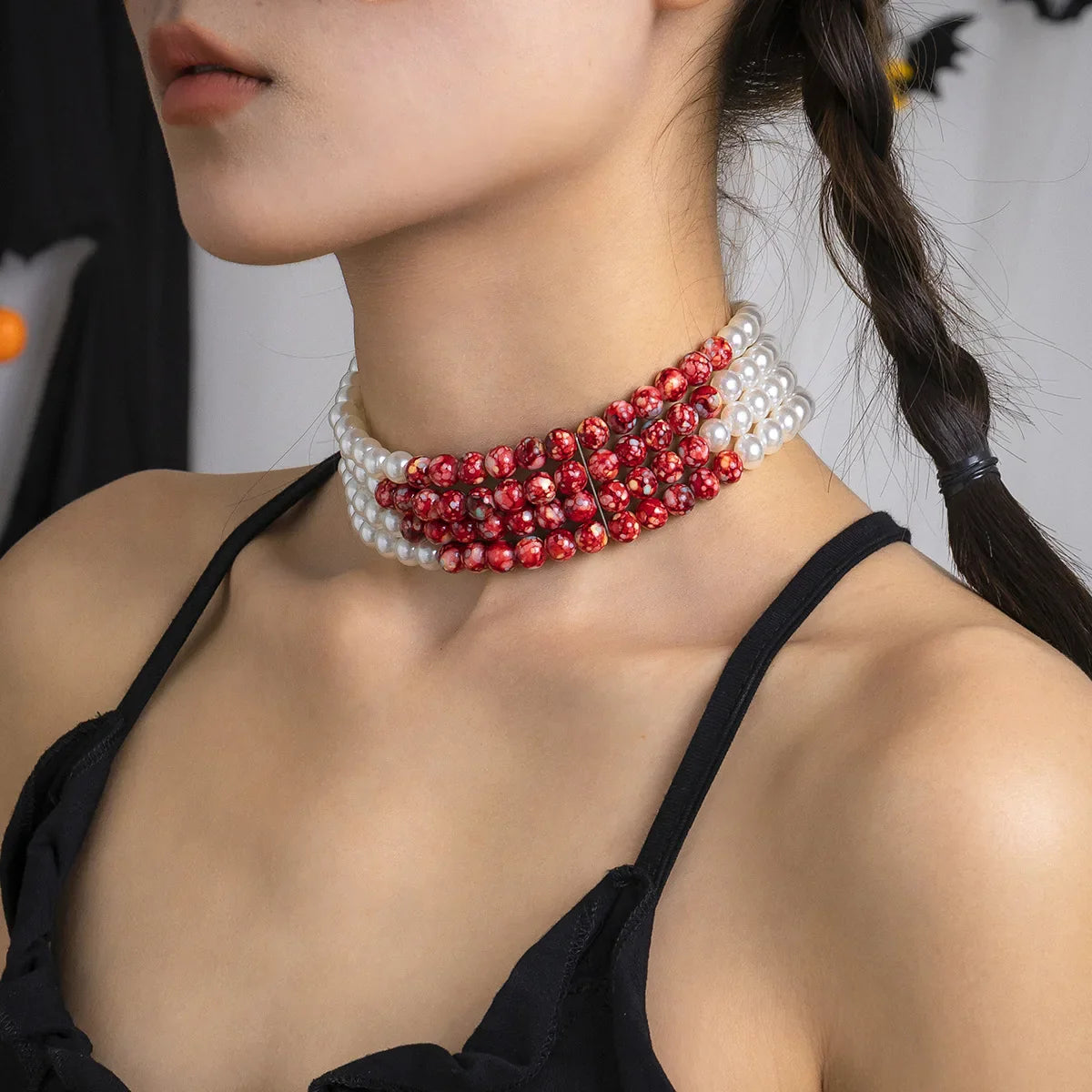 Goth Vintage Red Blood Pattern Imitation Pearl Chain Necklace for Women Wed Bridal Long Tassel Beads Pendant Halloween Jewelry