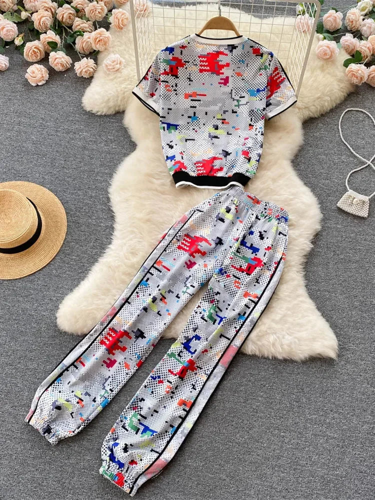 Summer New Tracksuit Women Outfits Female Print O-neck Tshirt +Elastic waist Pants Two Piece Set Casual 2 Piece Set