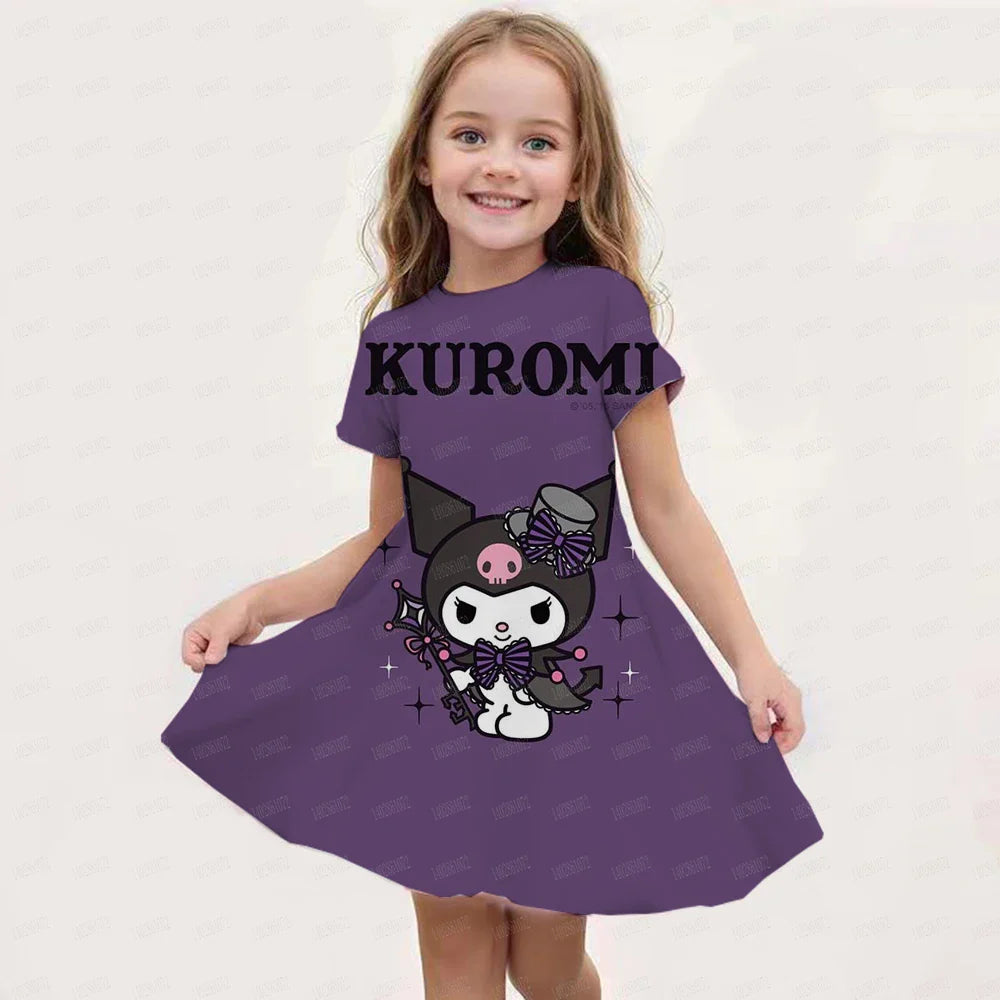 Kids Girls Clothes Kawaii Cartoon 3D Kuromi Printed Adults Party Popular Dresses Summer Short Sleeve Parent-child Clothing Dress