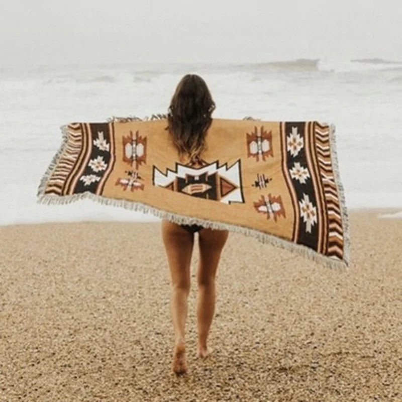 Retro Indian Style Thread Blanket Countryside Geometry Sofa Cobertor Hanging Tapestry Cotton Knitted Sofa Blanket for Bed Travel