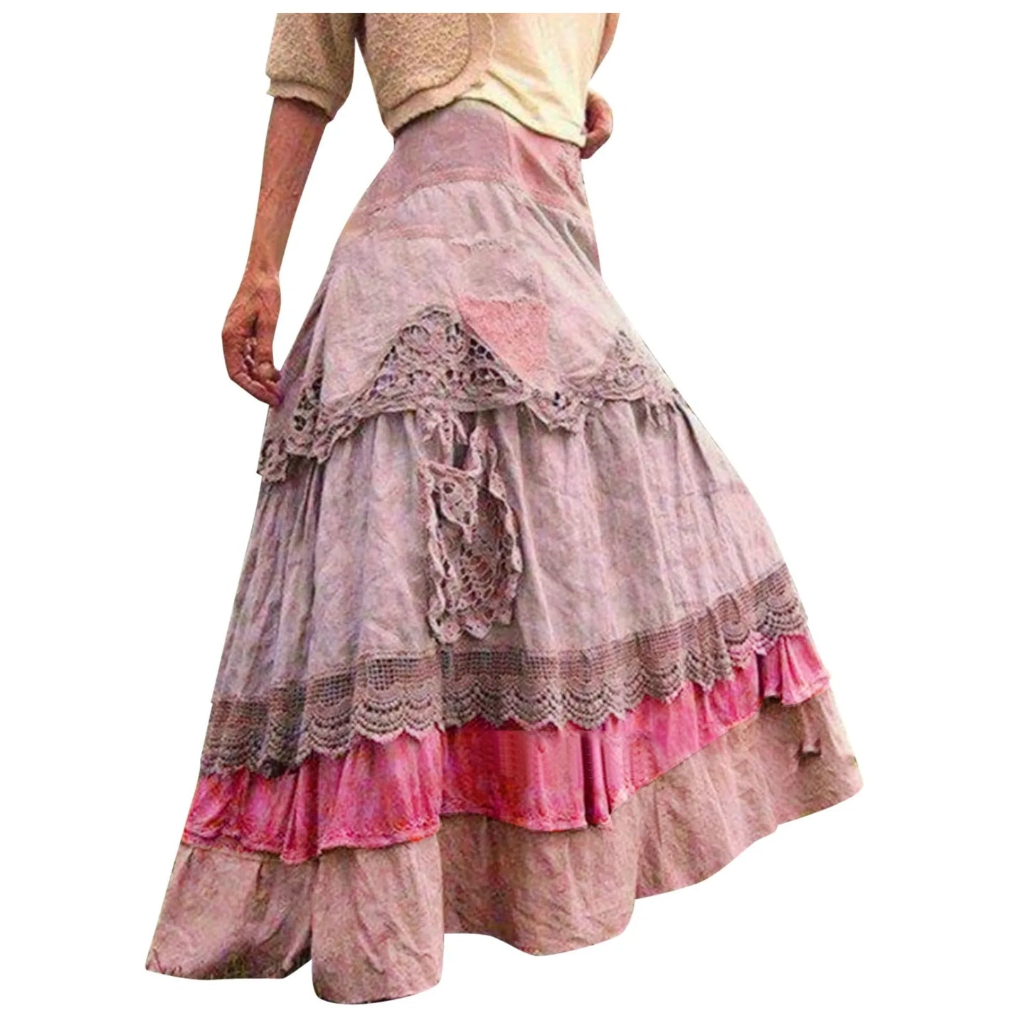 Women's 2025 Summer Boho Tiered Long Lace Skirt Maxi Flared Long Skirts For Women Fairy Casual Patchwork Layered Long Skirts