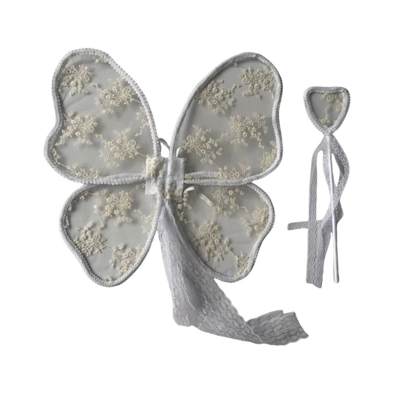 Kids Angelic Lace Wing Costume with Embroidery Detail Lovely Baby Butterfly Wing for Photoshoots and Birthday Parties