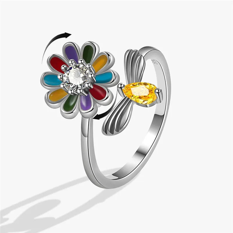 2023 Fashion Beads Anxiety Ring Fidget Spinner Rings Crystal Butterfly Flower Star Moon Ring Anti Stress Jewelry Gift