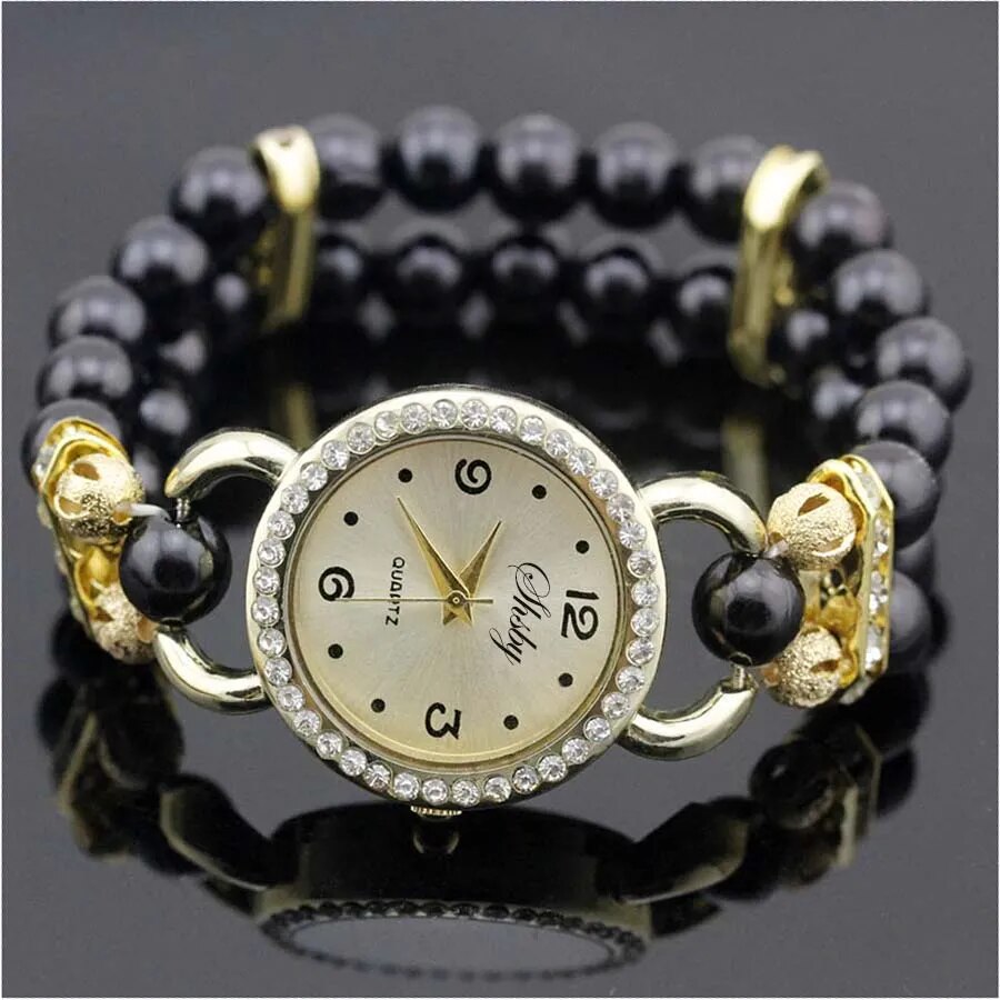 Shsby New Women's Rhinestone Quartz Analog Bracelet Wrist Watch Lady Watches With Colorful Pearls