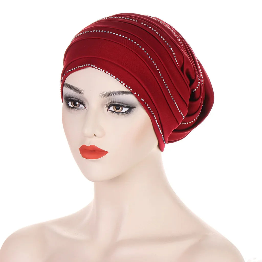 2024 New Rhinestones Women's Pleated Turban Cap Candy Color African Hat Nigeria Geles Muslim Headscarf Bonnet Ladies Head Wraps