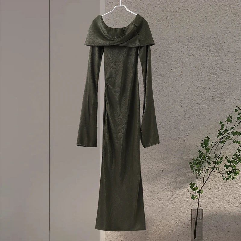 Elegant Pleats Dress For Women Fashion O-neck Long Sleeve Dresses Female 2024 Sping Summer Rose Red Maxi Ladies Vestidos