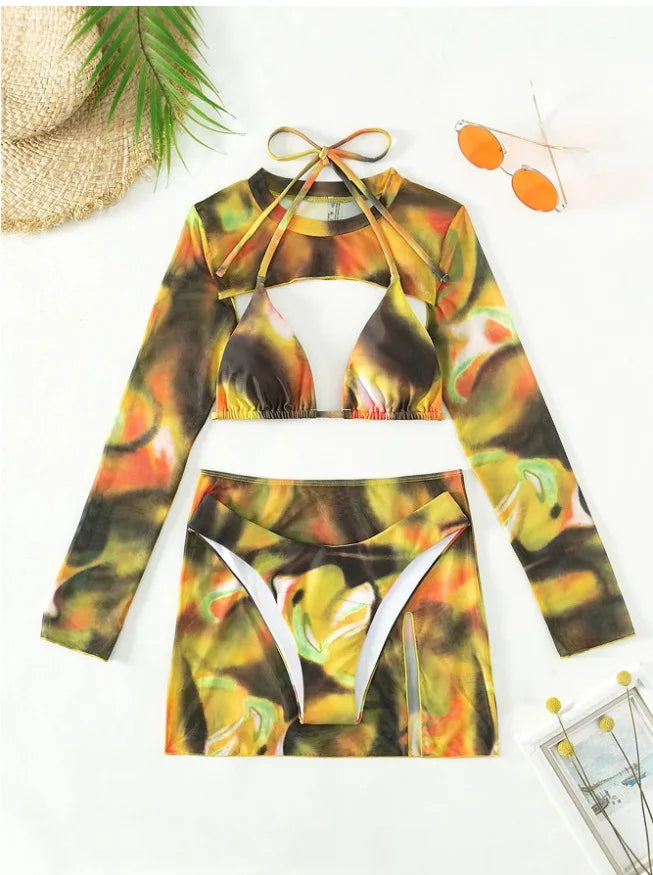 Swimming Suit Long Sleeved Sexy Split Swimsuit Women's Bikini Hanging Neck Strap Swimwear Summer Beachwear Print Female Clothes