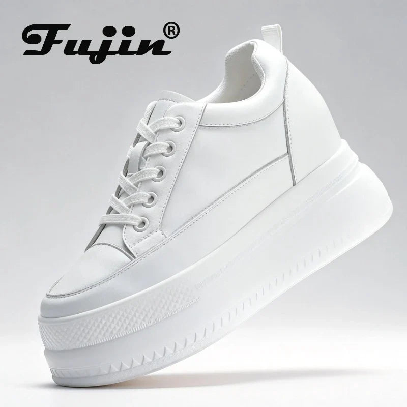 Fujin 9cm Women Shoes Sneakers Platform Heel Height Increased Wedge Pumps White Sneakers Shoe Breathable Heels for Women