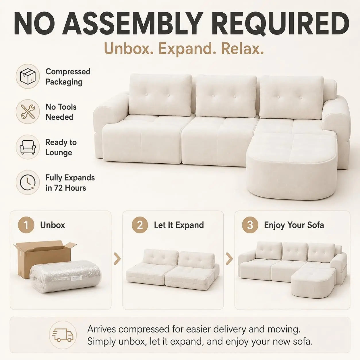 110" Boneless Chenille Cloud Sofa with Chaise, 4 Seater L-Shaped Modular Sectional for Living Room, Beige-White, Customized
