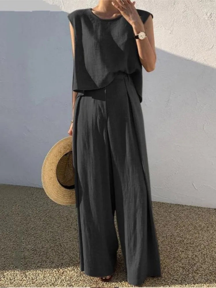 Lady Casual Loose 2 Piece Sets Fashion O-Neck Sleeveless Pullover Tops+wide Leg Pants Two Piece Sets For Women Summer Office New