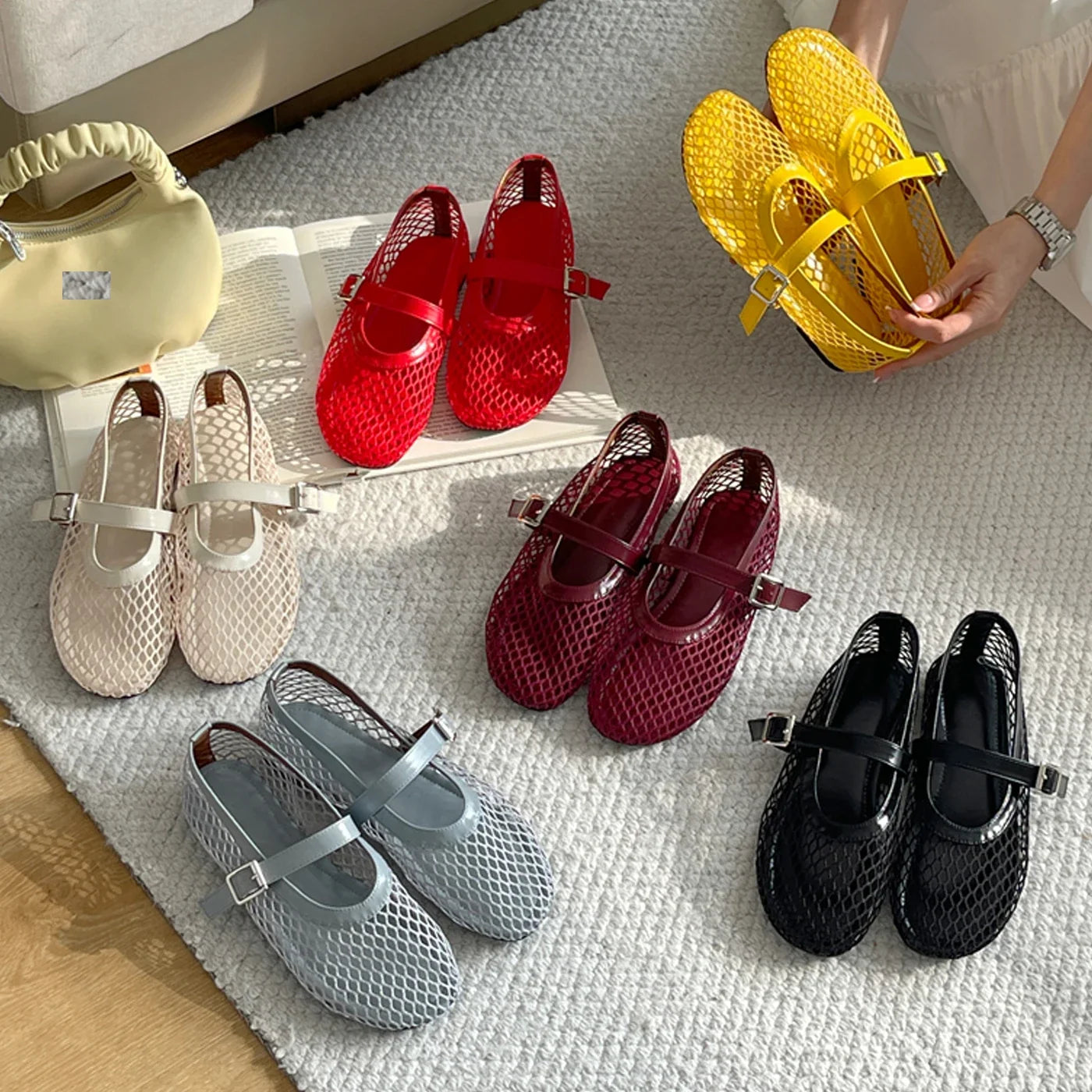 Aneikeh Summer Fishing Net Flat Bottom Sandals Hollow Design Fashio Low Cut Shallow Comfortable Beach Roman Women Shoes