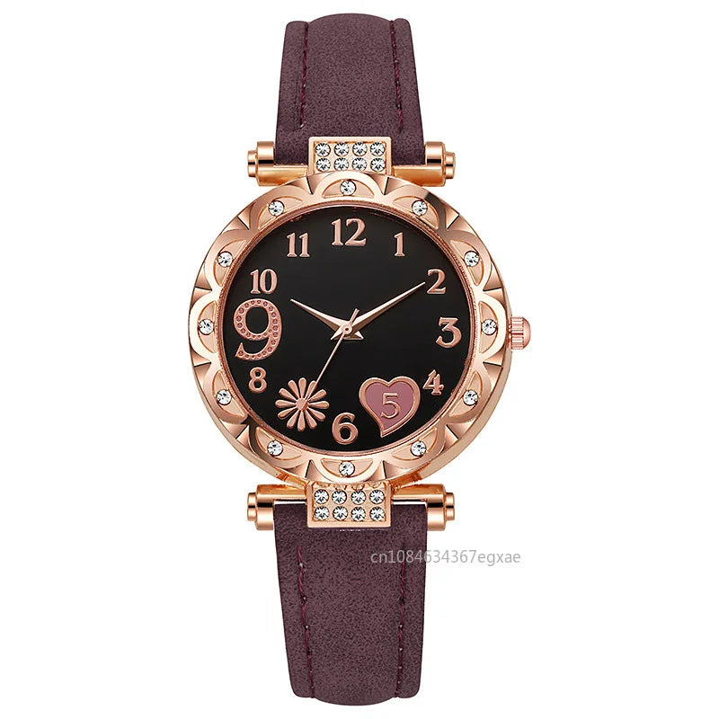 2/1PCS Fashion Heart Dial Women's Watches Luxury Leather Band Quartz Watch Rhinestone Bracelet Set Female Relogio Feminino