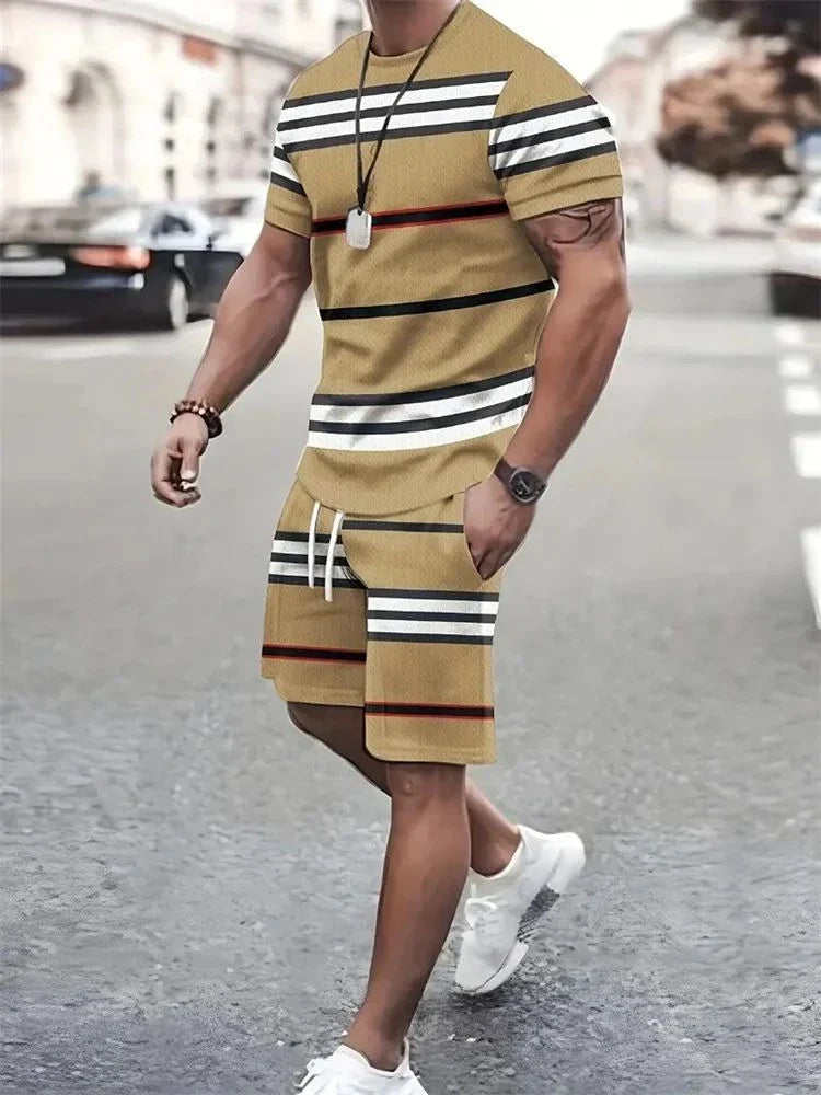 Men short sleeved shirt outdoor breathable, quick drying street fashion casual round neck T-shirt shorts set.