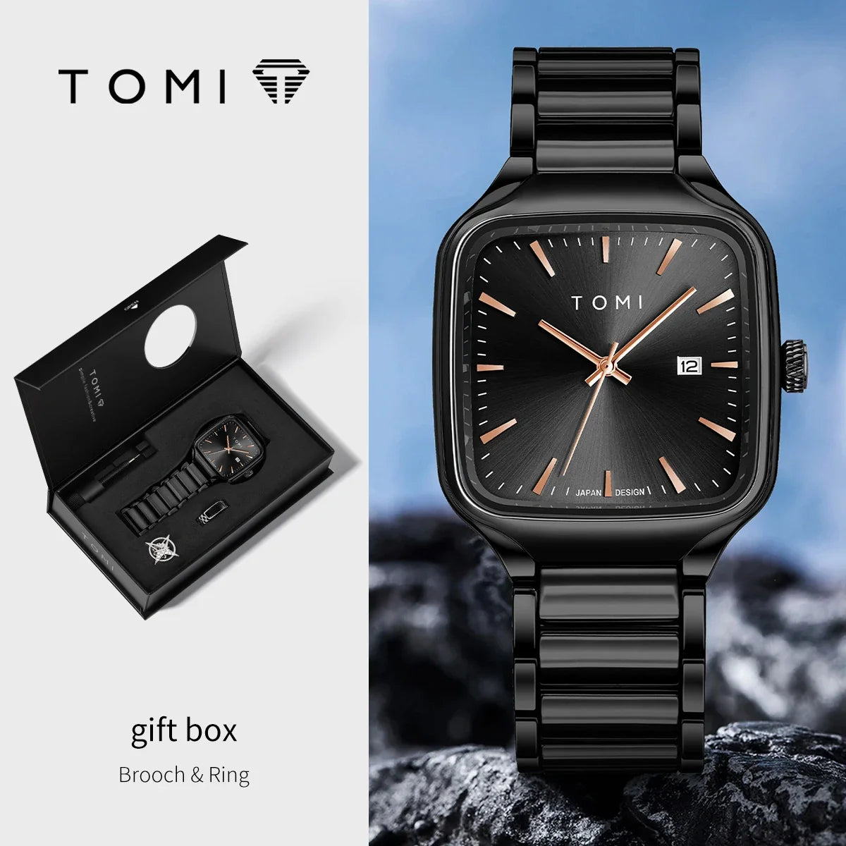 TOMI Men's Quartz Watch New Fashion Box Set Cufflinks Ring Fashion Set Box Watch as a Gift for Men's Gift Box