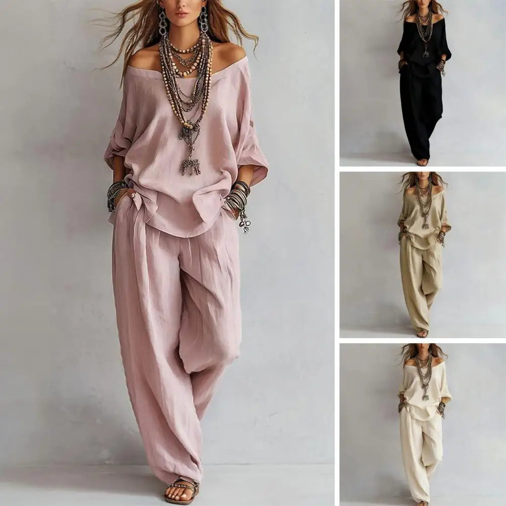 New Elegant Off Shoulder Sling Tops Long Pant Set Summer Women Casual Loose Sleeve Solid 2Pc Suits Fashion Draped Party Suits