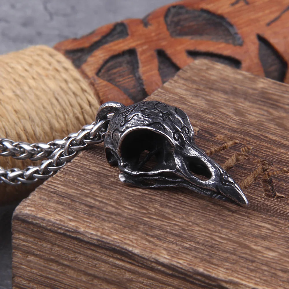 Retro Nordic Odin Crow Skull Pendant for Men Women Gothic 316L Stainless Steel Raven Skull Necklace Fashion Jewelry with box