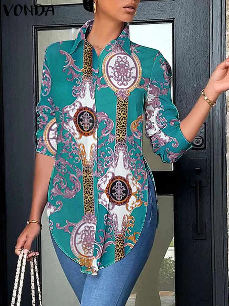 2023 VONDA Casual Shirts Autumn Women Buttons Long Sleeve Blouses Asymmetrical Hem Loose Tops Ladies Solid Color Elegant Blusas