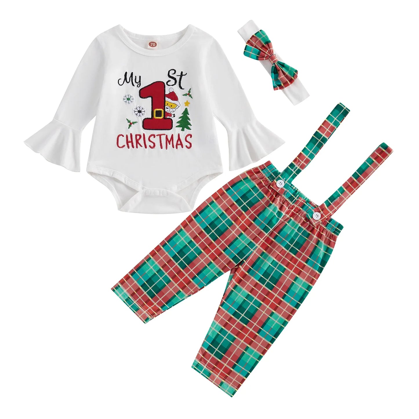 0-18 Months Baby Girls Christmas Outfits Long Sleeve Romper with Suspender Pants Headband Set Newborn Fall Clothes