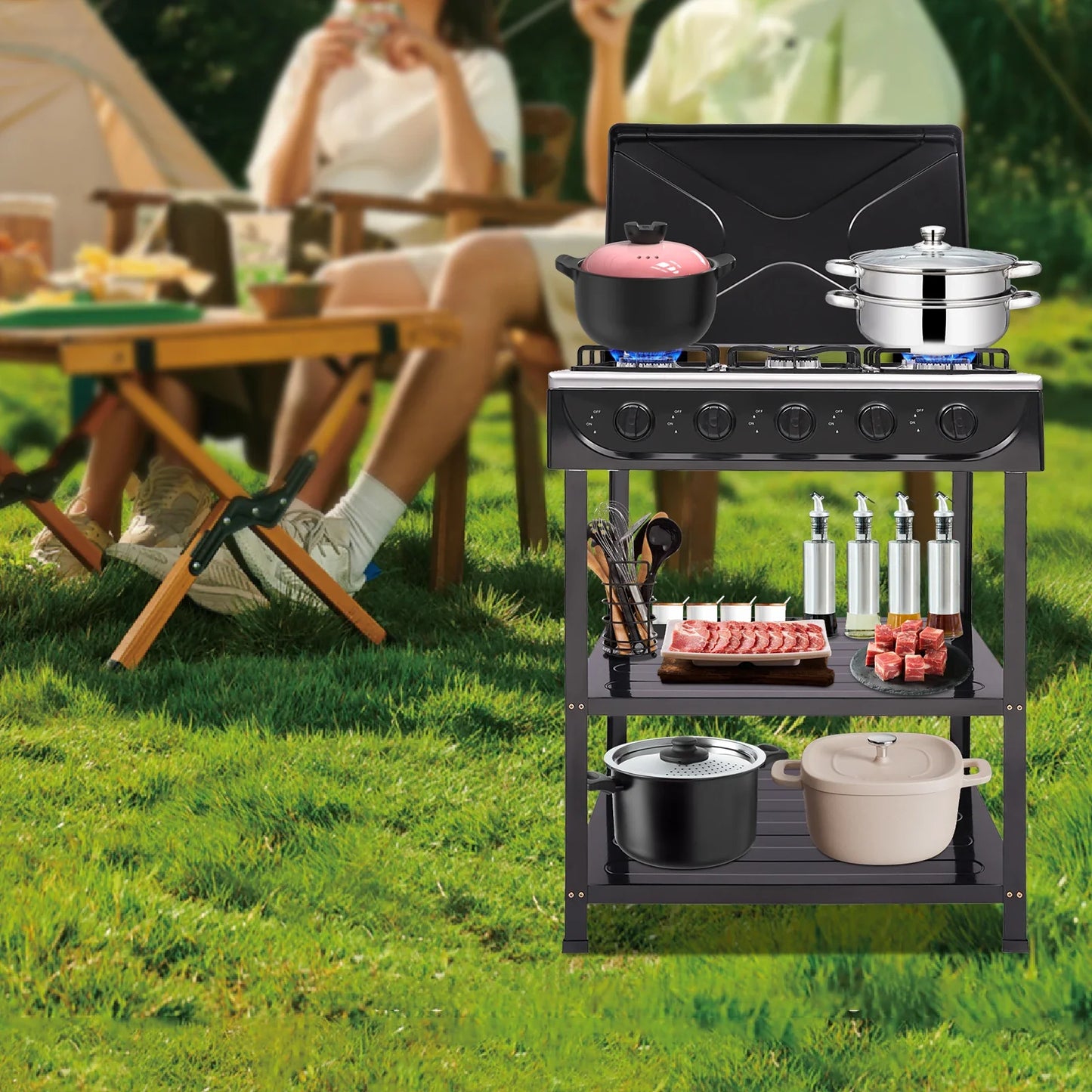 Rectangular Natural Gas Stove, 82cm/32.28in Portable Natural Gas Stove W|5 Burners for Outdoor Camping, Fishing,RV Travel(Black)