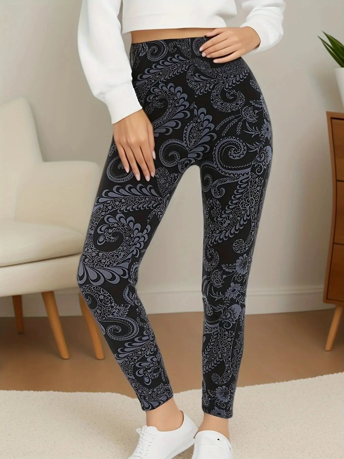 Plus Size Super Elastic Fashion Tight Pants, Black Bottom, Flower Vine pants.